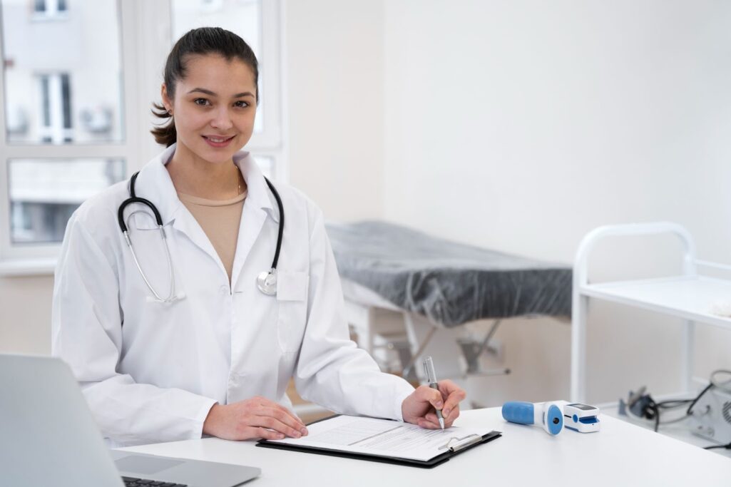 Smiling doctor writing something in clipboard