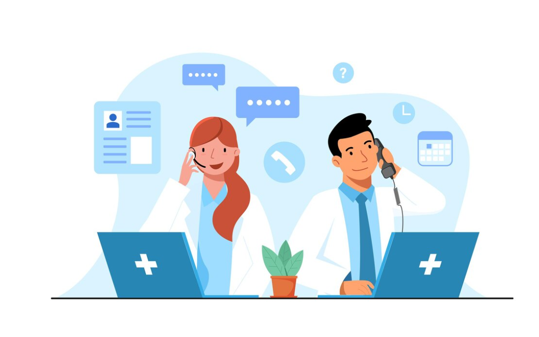 An illustration of two medical professionals working and answering phones