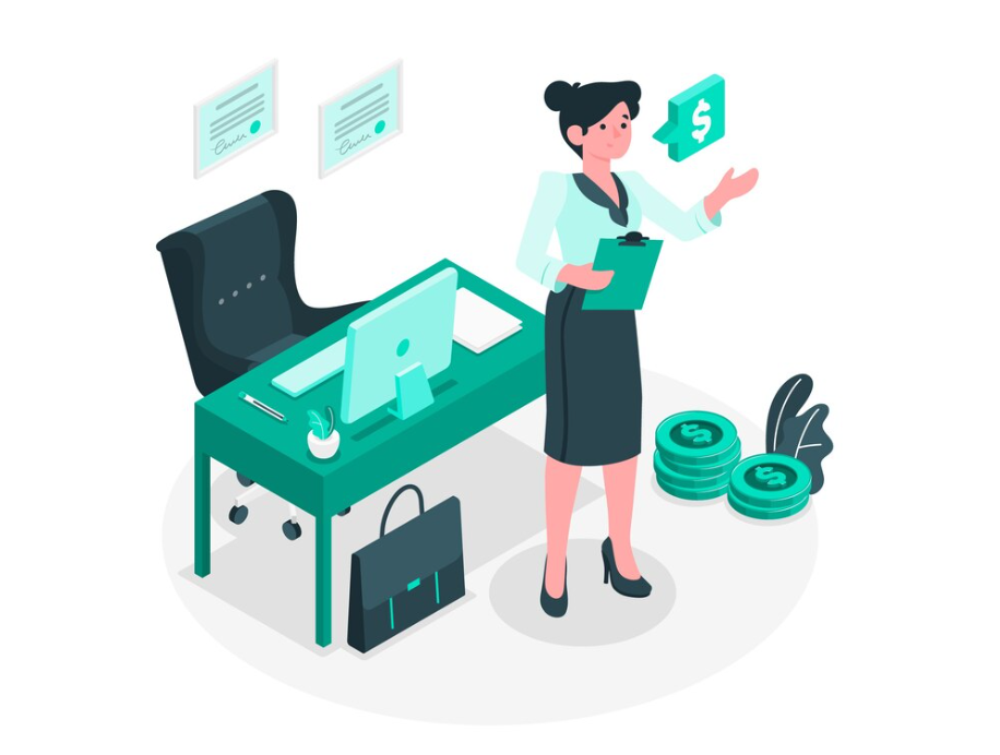 An illustrated businesswoman discusses finance beside coins