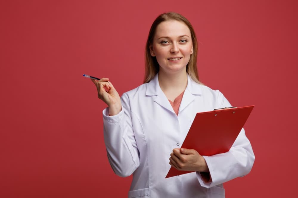 A confident female doctor holding a clipboard and pen on a dark red background